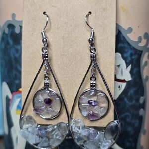 Silver Teardrop Earrings with Clear and Purple Seaglass Chips
